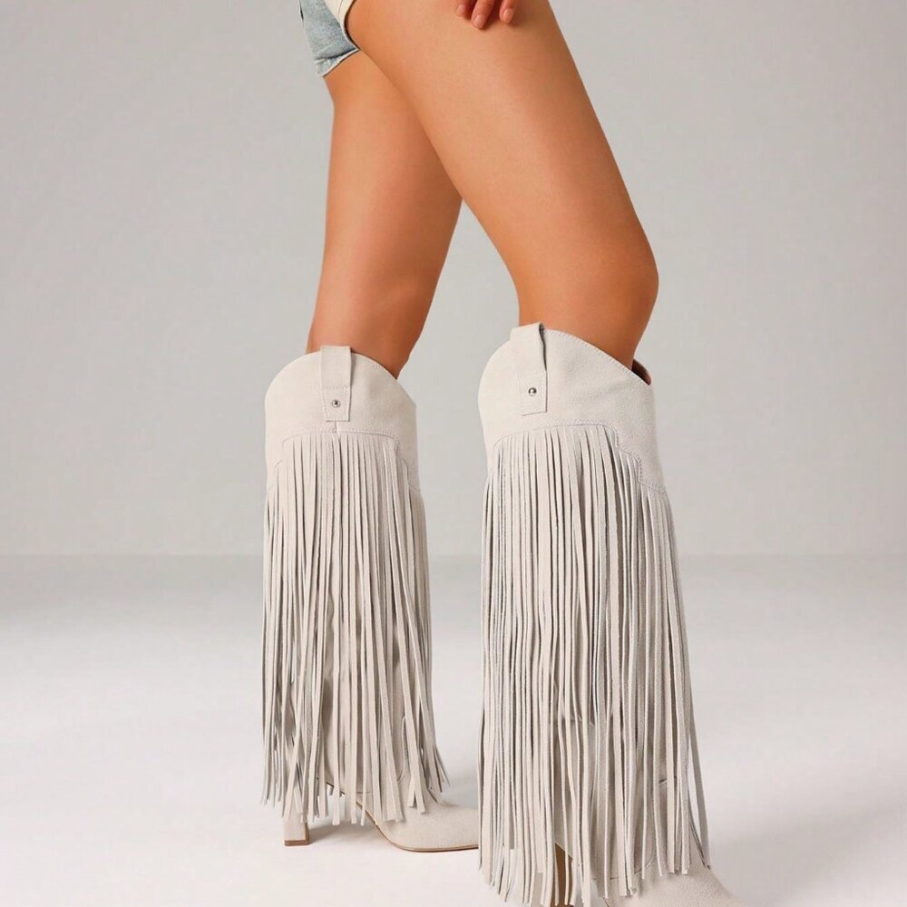 Apricot western cowgirl fringe detailed boots